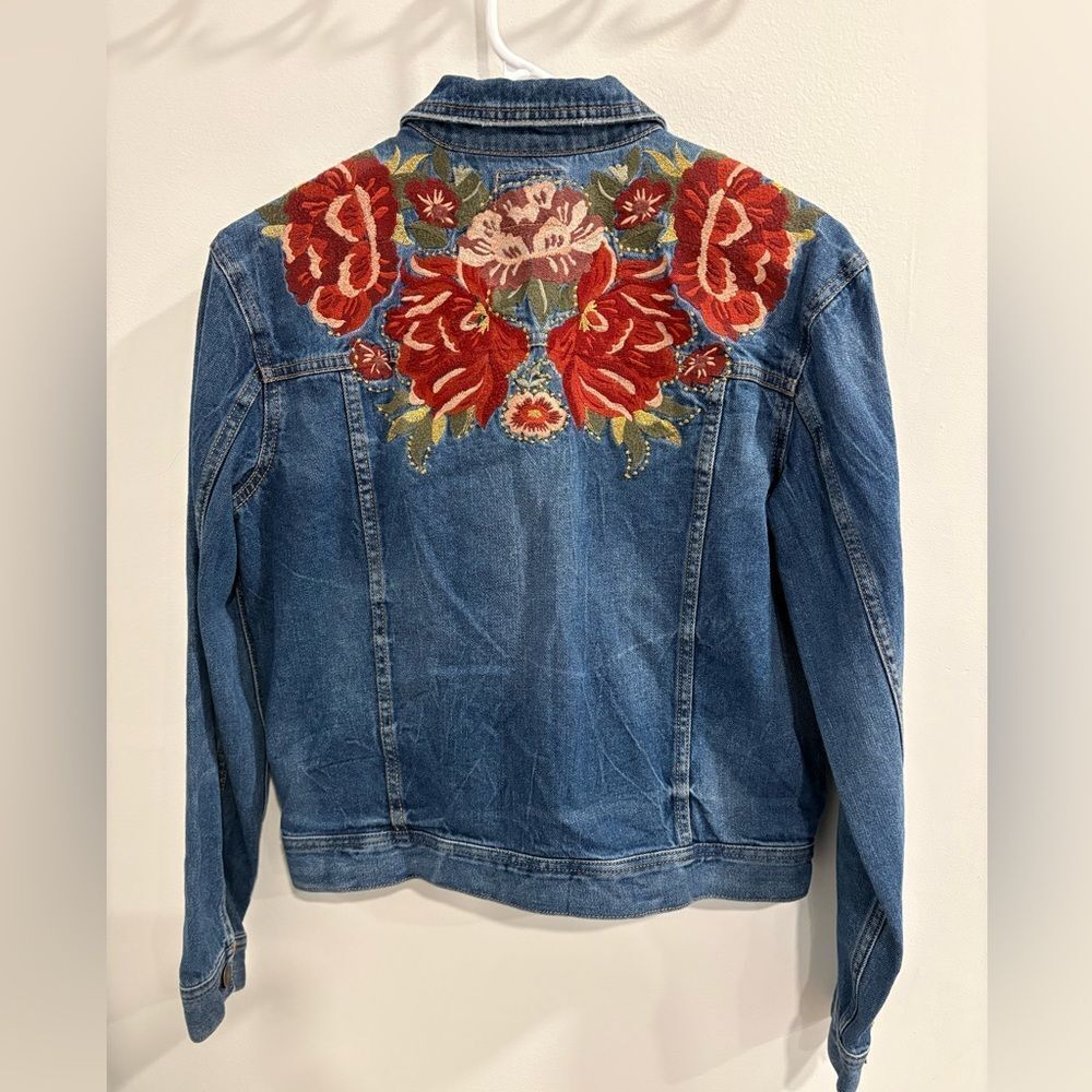 American Eagle Outfitters Blue Denim Jacket with Red Floral Embroidery